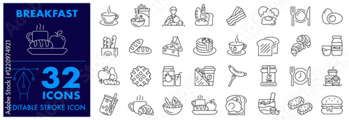 Breakfast icons  Bread, Egg, Coffee, Cereals, Pancakes, Toast, Bacon, Orange Juice, Baguette, Healthy Food, Related to food and drink Meal Editable  Stroke Icons set.