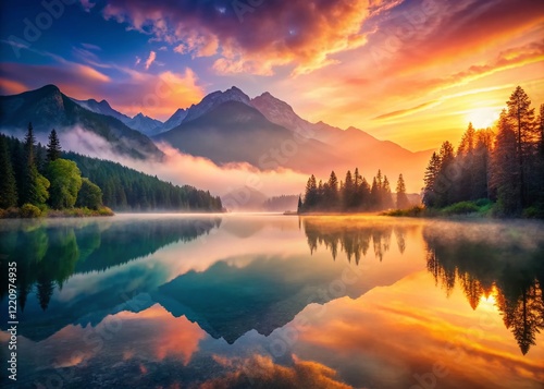 Serene Mountain Lake Sunrise: Calm Waters Reflecting Golden Dawn