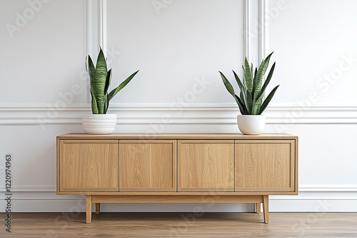 Minimalist Interior Design with Snake Plants and Wooden Cabinet against a White Wall photo