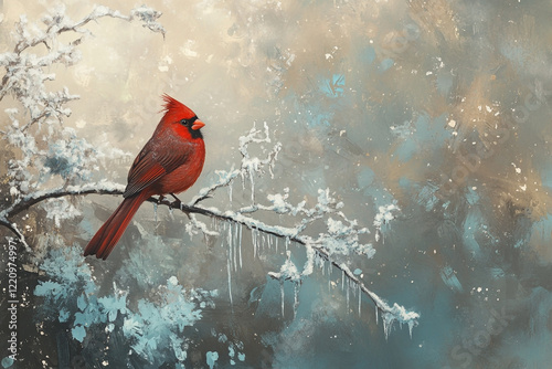 A Red Male Cardinal on an Ice-Covered Tree Branch in the Snow