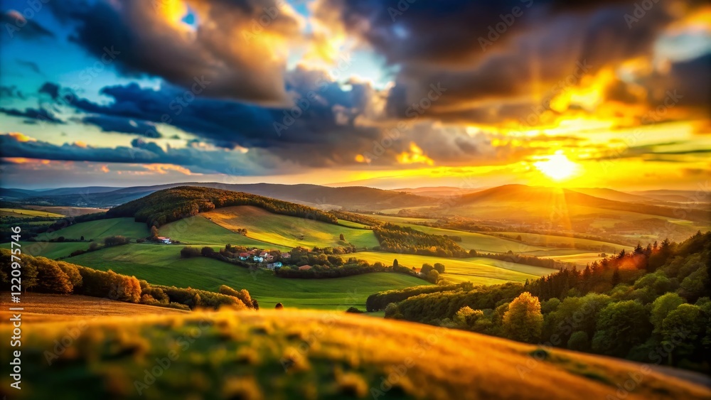 Fototapeta premium Miniature Dramatic Sunset Landscape, Tilt-Shift Photography, Golden Hour, Idyllic Scene