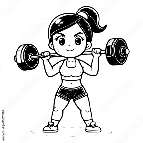 Strength in Every Lift: A cartoon illustration of a determined woman confidently lifting a barbell, embodying power and determination.