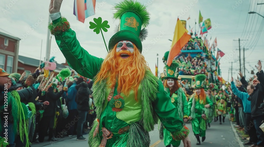 Fototapeta premium A lively St. Patrick's Day parade with cheerful participants waving flags with clovers. The festive atmosphere is filled with joy, vibrant green colors, cultural pride, celebrating a beloved holiday