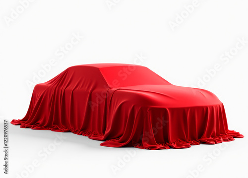 Car covered a red fabric draping on white background photo