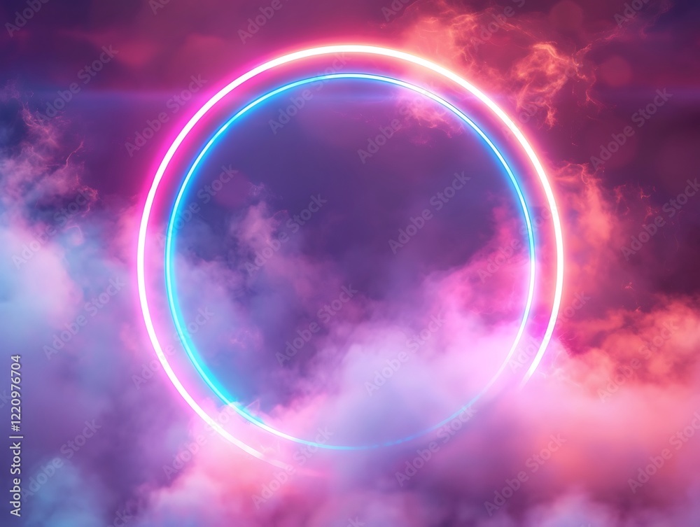 Glowing neon circle against a foggy background, clouds illuminated in bright colors, ideal for futuristic designs. Glowing neon circle against a foggy background, clouds illuminated in bright colors, ideal for futuristic designs.