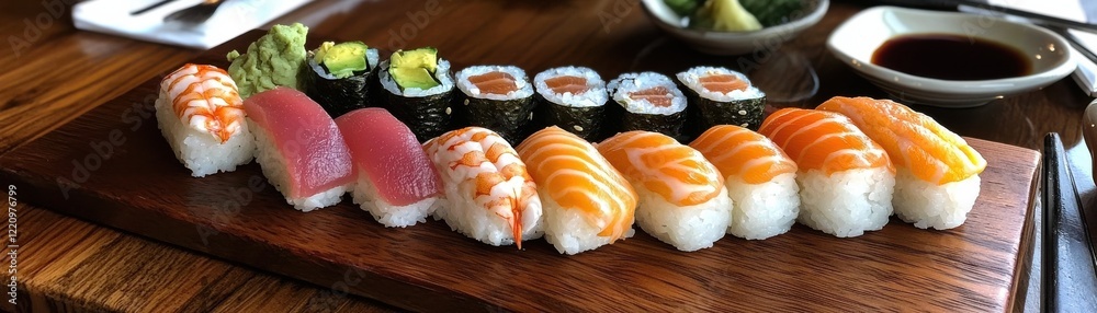 A beautifully arranged platter of sushi featuring various types, including nigiri and rolls, served with wasabi and soy sauce on a wooden board. A beautifully arranged platter of sushi featuring various types, including nigiri and rolls, served with wasabi and soy sauce on a wooden board.