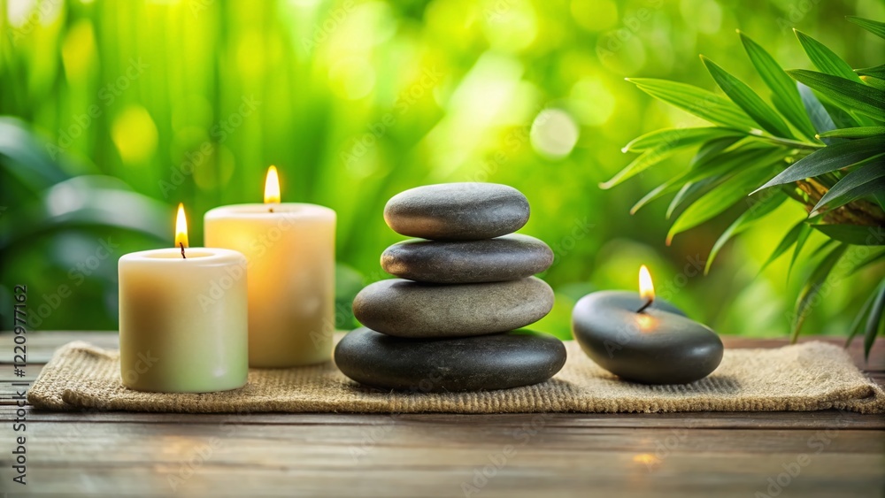 Obraz premium Serene Spa Massage: Smooth Hot Stones, Soft Towels & Candles on Natural Background