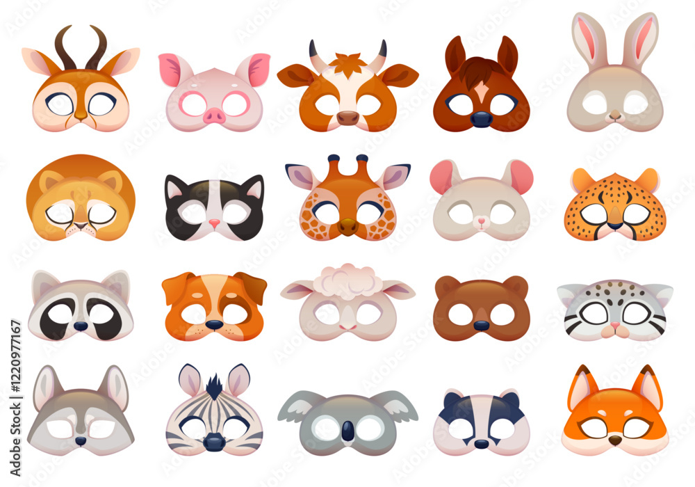 Funny animal masks. Cartoon photo booth props, kids birthday party accessories, masquerade attributes, giraffe, deer, fox faces, wild and domestic mammals isolated vector set