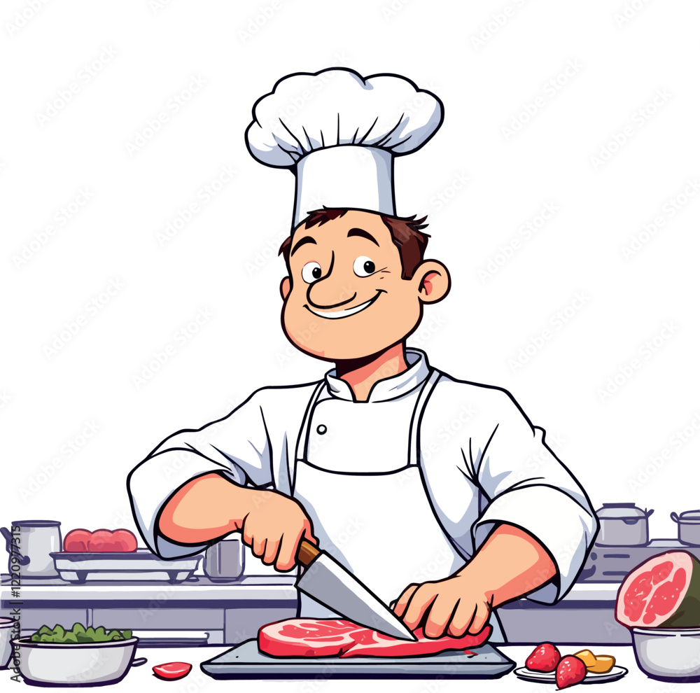 Smiling chef cutting meat in a restaurant kitchen Smiling chef cutting meat in a restaurant kitchen