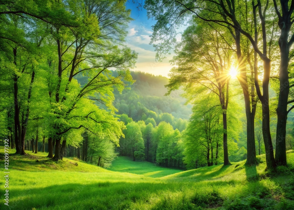 Obraz premium Serene Spring Forest Wallpaper: Lush Green Leaves & Copy Space Background