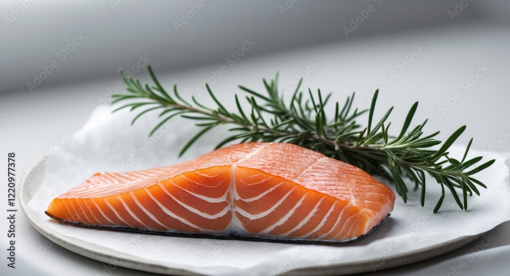 A piece of salmon on a white surface with a sprig of rosemary. A piece of salmon on a white surface with a sprig of rosemary.