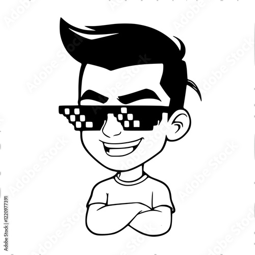 Cool Guy with Sunglasses: A cartoon illustration of a cool young man with pixelated sunglasses, arms crossed, and a smirk.  The style is bold, graphic, and playful.