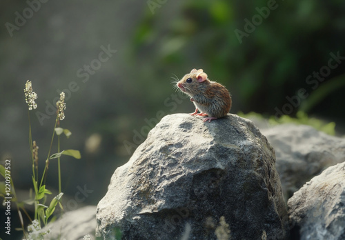 A Tiny Field Mouse Perched on a Stone photo