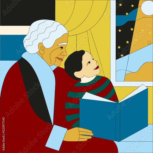 Grandmother reading bedtime story to child by window