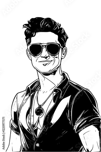 Cool Summer Vibes: A stylized black and white portrait of a man, radiating cool confidence, sunglasses reflecting an enigmatic coolness,  a hint of a smile playing on his lips.