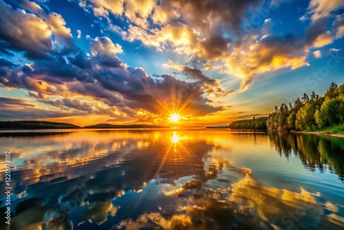 Wallpaper Mural Serene Sunset Lake: Blurred Background, Golden Hour Landscape Photography Torontodigital.ca