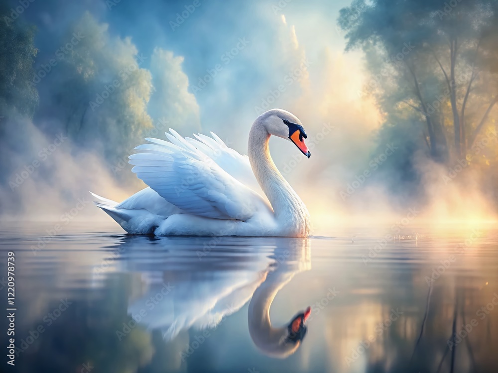Fototapeta premium Serene Swan Lake: Double Exposure of Graceful Bird and Misty Water