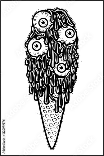 Eyeball Ice Cream Cone: A chillingly creative illustration of an ice cream cone dripping with melting eyeballs, rendered in a bold black and white style. Perfect for Halloween, horror. photo