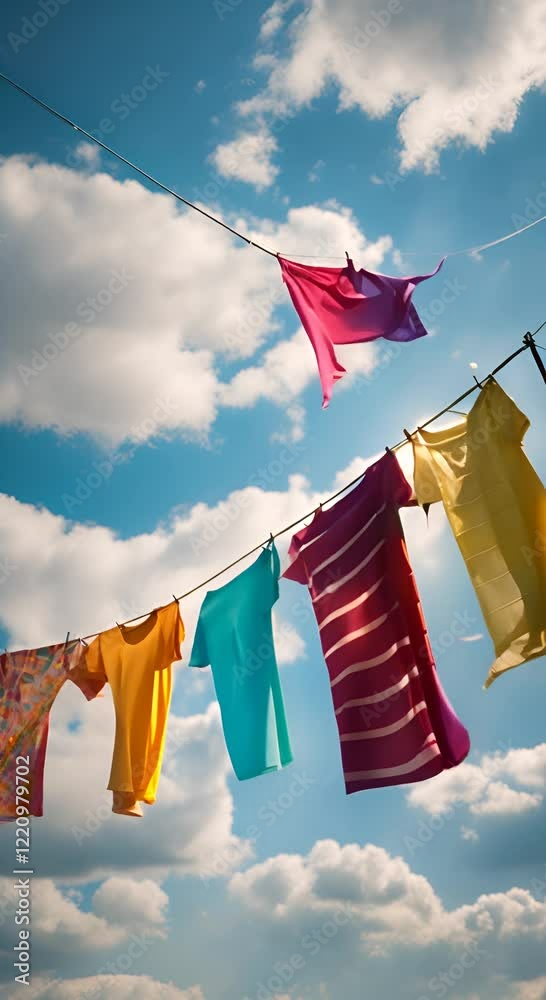 Colorful clothes hanging to dry on a laundry line clouds moving in the wind and sun shining in the blue sky clothes drying in the wind video vertical 4K
