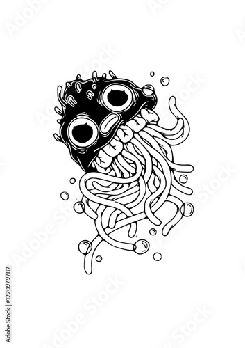 Creepy Jellyfish Creature: A bizarre, unsettling black and white illustration of a grotesque jellyfish creature with menacing eyes, sharp teeth and a multitude of tentacles.