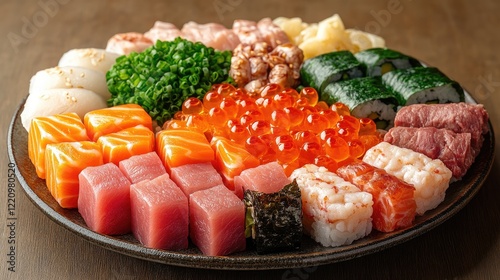 A close-up image of a beautifully arranged sushi platter featuring several pieces of nigiri sushi.