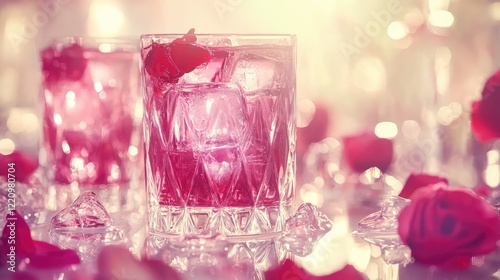 Rose cocktail drinks, ice, petals, romantic setting, Valentine's Day