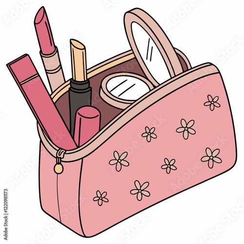 Pink makeup bag filled with cosmetics and mirror