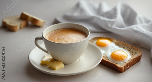 Breakfast Spread A full breakfast setup with eggs toast coffee a. photo