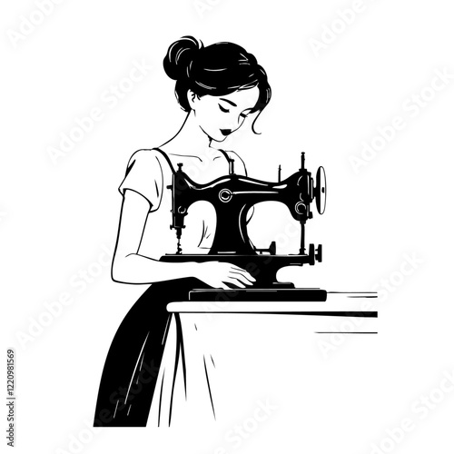 Elegant Seamstress with Vintage Sewing Machine