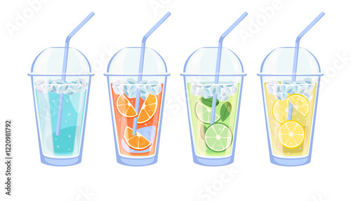 Drinks with fruit and ice. Water with oranges, limes and lemons. Antioxidant detox beverage in takeaway plastic glass. Healthy vitamin ingredients. Cartoon flat style isolated vector set