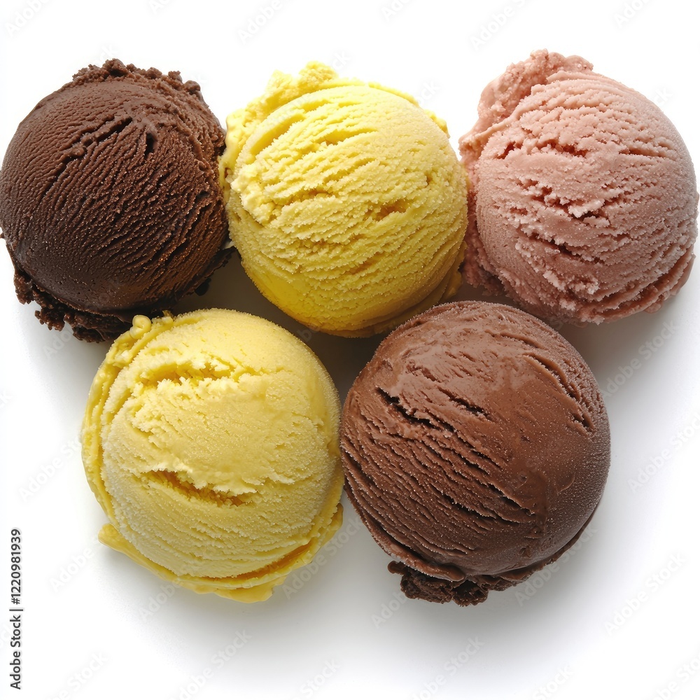 Delicious ice cream scoops, assorted flavors, white background, sweet treat Delicious ice cream scoops, assorted flavors, white background, sweet treat