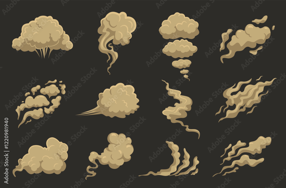 Desert dust clouds. Cartoon smoke explosions, brown sandy winds, dirt steam effects, gas in air, different motion shapes, poof, comic flat style isolated nowaday vector sandstorm set