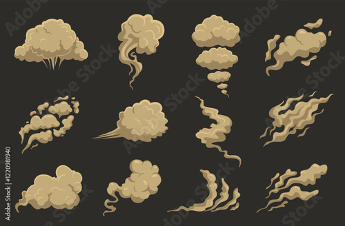 Desert dust clouds. Cartoon smoke explosions, brown sandy winds, dirt steam effects, gas in air, different motion shapes, poof, comic flat style isolated nowaday vector sandstorm set