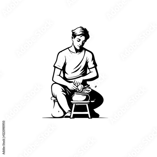 Kneeling Potter Shaping Clay