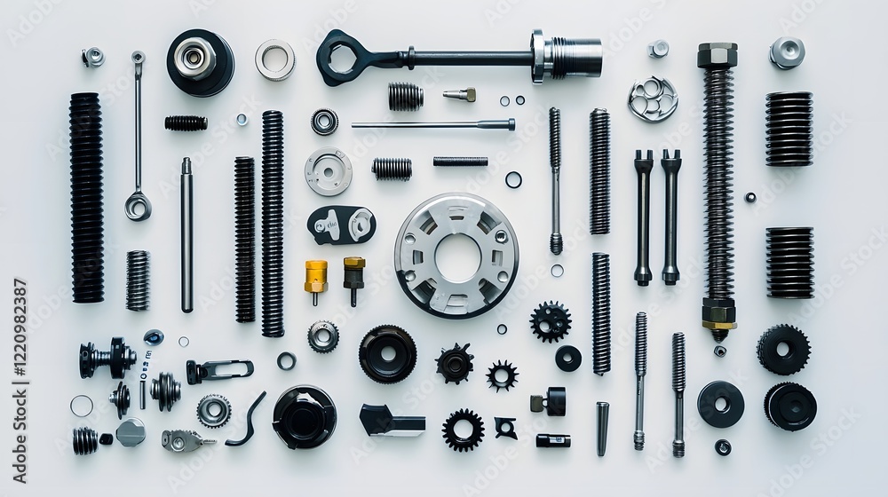 Modern Engineering Concept with Mechanical Parts and Tools on Light Background Modern Engineering Concept with Mechanical Parts and Tools on Light Background