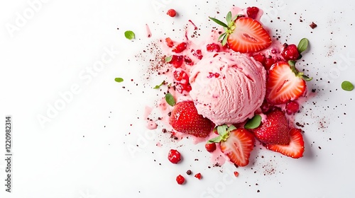 Delightful Strawberry Ice Cream with Toppings, A Colorful Dessert Explosion Featuring Fresh Fruits and Decorative Elements on a Bright Background