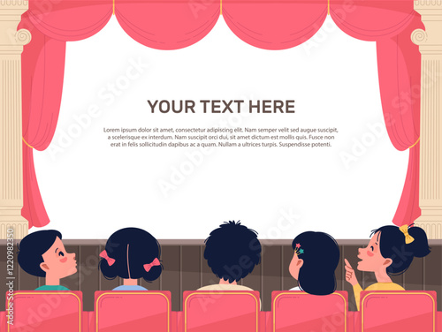 Children look up stage. Happy kids in theatre or cinema. Young audience on performance. Entertainment show for kids. Empty space for text. Cartoon flat style isolated vector concept