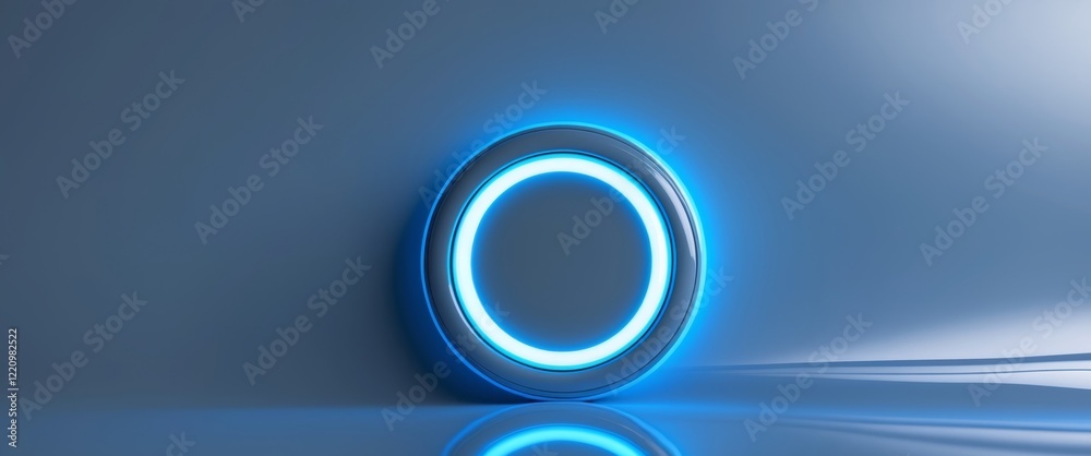 Circular neon light button with blue glow on a sleek surface Circular neon light button with blue glow on a sleek surface