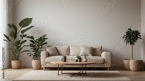 A stylish living room with a neutral-toned sofa, a round coffee table, and a large indoor plant. The background is a plain white wall