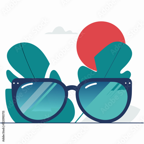 Sunglasses with red sun and leaves in flat illustration