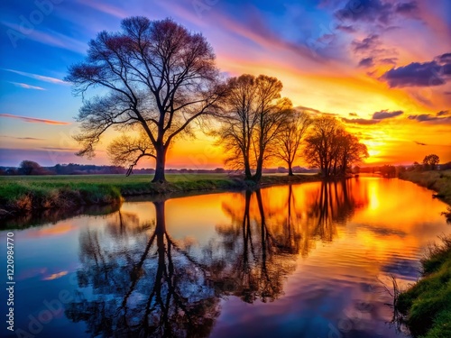 Silhouetted Trees & River at Dusk - Altwasser & Floodplain Landscape photo