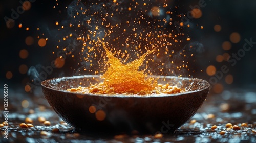 Splash of orange liquid in a dark bowl
