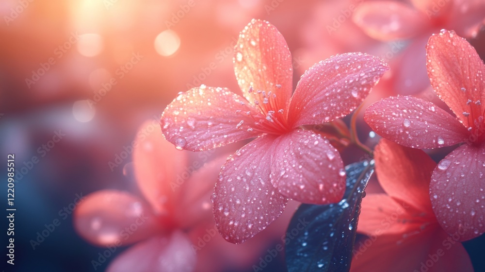 Fototapeta premium Pink flowers with dewdrops in soft sunlight