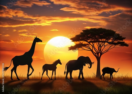 Minimalist Silhouettes: African Wildlife at Sunset, Elegant Nature Photography