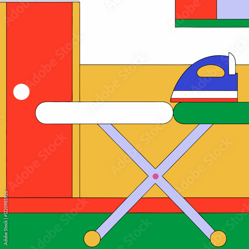 Ironing board with colorful iron in pop art style