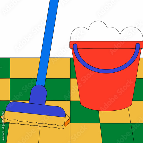 Mop and red bucket on tiled floor in pop art style