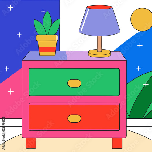 Colorful nightstand with lamp and plant in pop art style