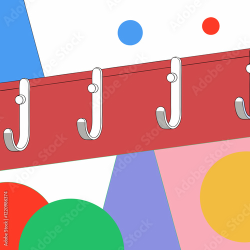 Colorful wall hooks on geometric background in abstract style