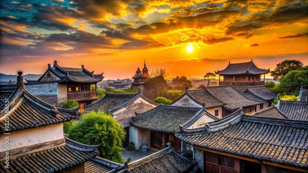 Silhouette of Ancient Ming & Qing Dynasty Villages at Sunset, Nanshe, Dongguan, Guangdong, China Silhouette of Ancient Ming & Qing Dynasty Villages at Sunset, Nanshe, Dongguan, Guangdong, China