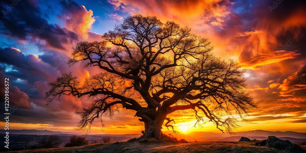 Fototapeta premium Silhouette of Ancient Tree at Sunset - Dramatic Nature Photography